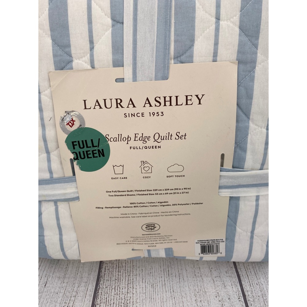 Laura Ashley Scallop Edge Quilt Set Full/Queen Blue White Striped Feminine Cozy - Picture 5 of 12